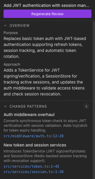 Review panel showing AI-guided code review with change explanations and potential issues