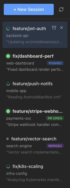 Broomy sidebar showing multiple AI agent sessions with status indicators